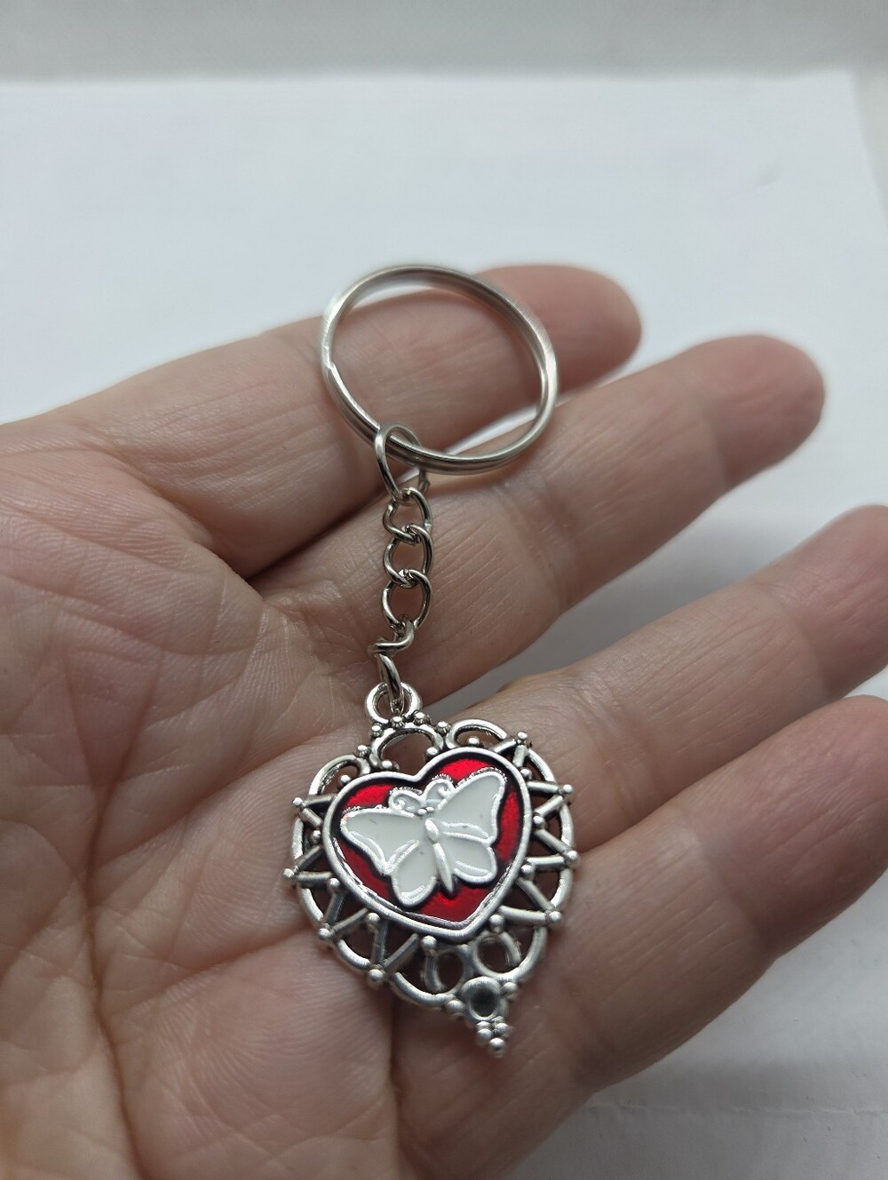 Silver Tone Heart & Butterfly Keychain with Red Enamel